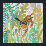 Jungle Roar - Tiger Square Wall Clock<br><div class="desc">Jungle Roar II by Chariklia Zarris. Features a cute roaring tiger amongst jungle greenery. | 140724GG</div>
