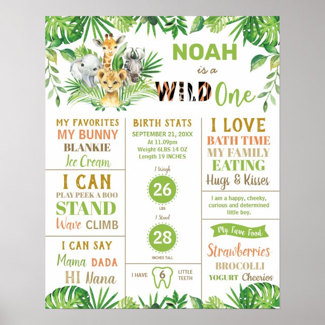 Jungle Safari 1st Birthday Milestone Birth Stats   Poster (Front)