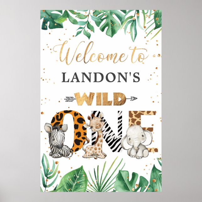 Jungle Safari 1st Birthday Party Welcome Poster (Front)