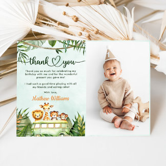 Jungle Safari 1st Birthday Photo Thank You Card