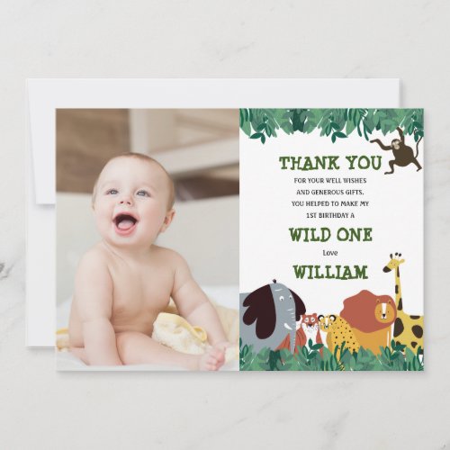 Jungle Safari 1st Birthday Wild One Thank You Card - Wild one 1st birthday photo thank you card featuring cute jungle safari wild animals. Personalize with your photo and special birthday thank you message in fun typography. A perfect way to say thank you! Designed by Thisisnotme©