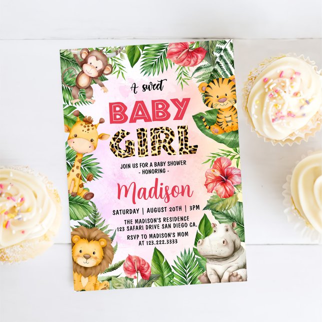 Jungle Safari A Sweet Baby Girl Baby Shower Invitation (Creator Uploaded)
