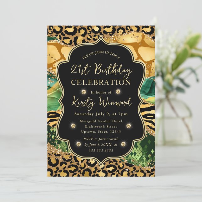 Jungle Safari Agate Leopard & Gold Accent Birthday Invitation (Standing Front)