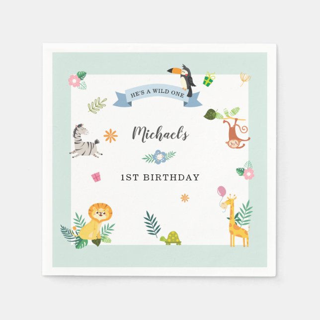Jungle Safari Animal 1st Birthday Wild One Napkins (Front)