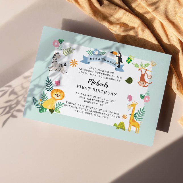 Jungle Safari Animal 1st Birthday Wild One Note Card (First Birthday Party Jungle Theme Invitation Front View)