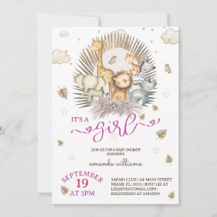Jungle Safari Animal Baby Girl Shower Invitation