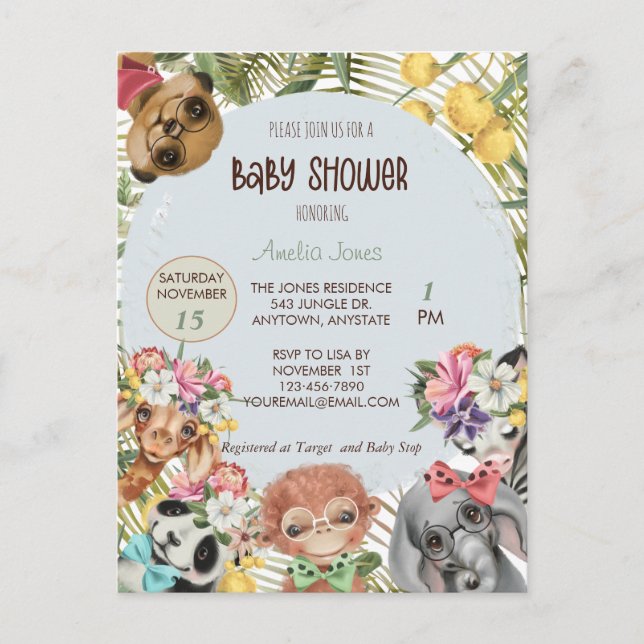 Jungle Safari Animal Baby Shower Invitation Postcard (Front)