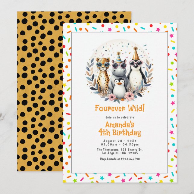 Jungle Safari Animal "Fourever Wild" 4th Birthday Invitation (Front/Back)