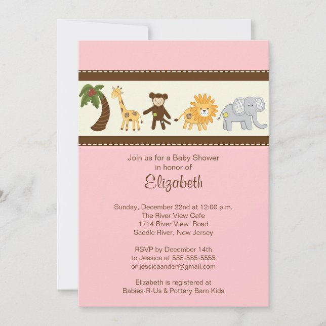Jungle Safari Animal Girl Baby Shower Invitation (Front)