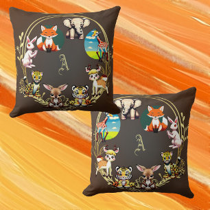 Jungle Safari Animal Kingdom Dark Woods Monogram  Throw Pillow