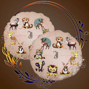 Jungle Safari Animal Kingdom Woodland Monogram Kid Round Pillow