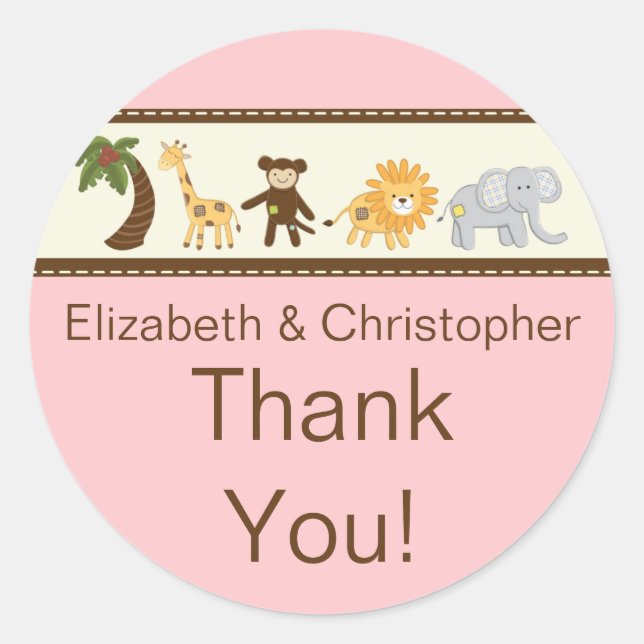 Jungle Safari Animal Pink Girl Baby Shower Classic Round Sticker (Front)