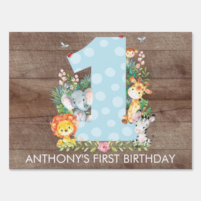 Jungle Safari Animals 1ST BIRTHDAY Yard Sign (Front)