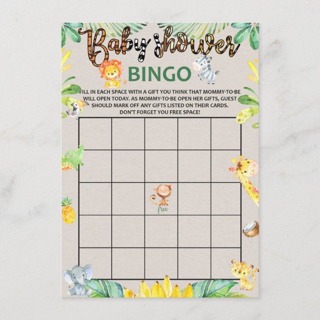 Jungle Safari Animals Baby Shower Bingo Game Card (Front)