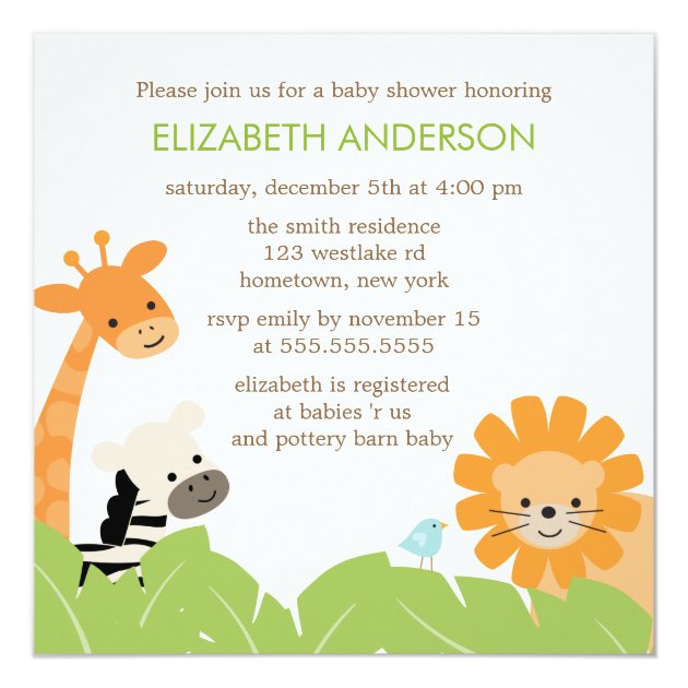 Jungle Safari Animals Baby Shower Invitation