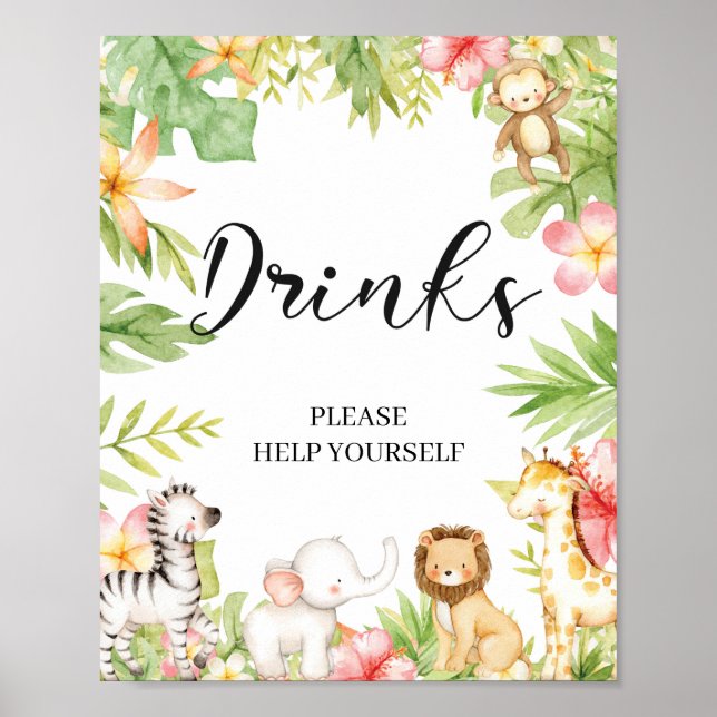 Jungle Safari Animals Baby Shower Drinks Sign (Front)