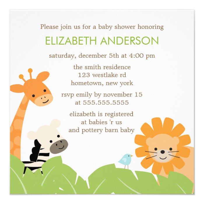 Jungle Safari Animals Baby Shower Custom Invitations