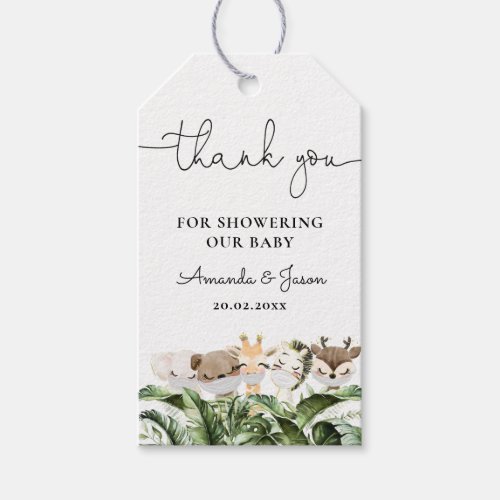 Jungle Safari Animals Baby Shower Thank You Gift Tags - Quarantine Mask Jungle Safari Animals Baby Shower Thank You Gift Tags  features watercolor baby safari animals withs masks and jungle greenery.
You can edit/personalize whole Template.
If you need any help or matching products, please contact me. I am happy to create the most beautiful personalized products for you!
