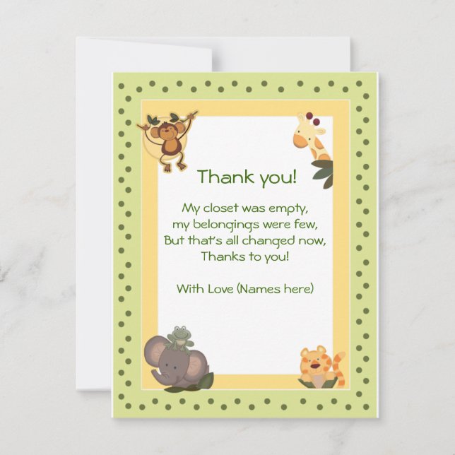 Jungle Safari Animals Baby Shower Thank you notes (Front)