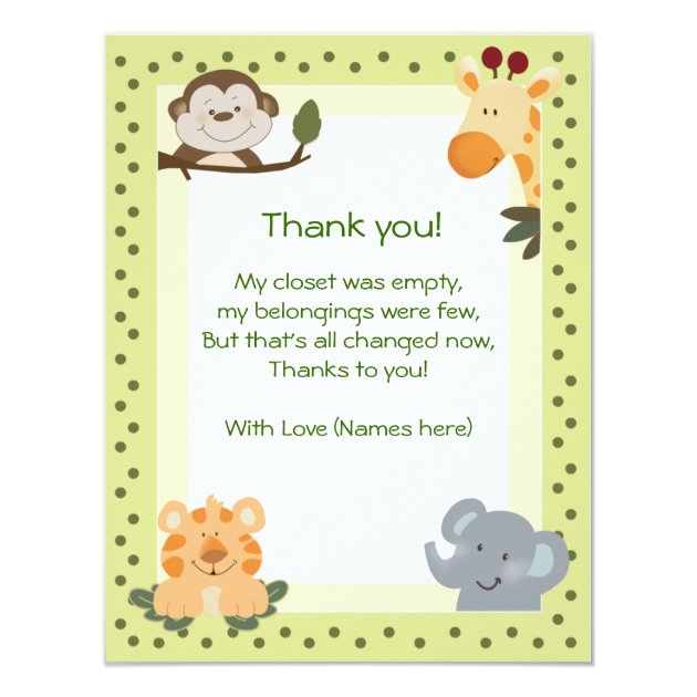 Jungle Safari Animals Baby Shower Thank You Notes Card