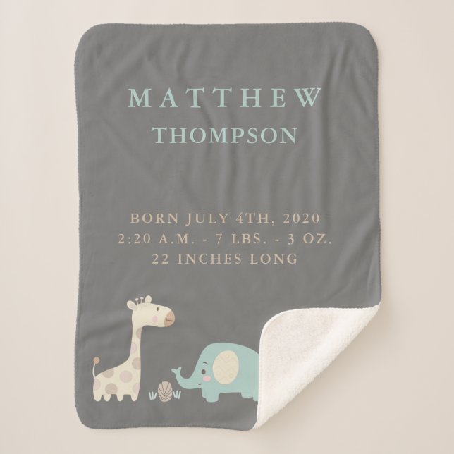 Jungle Safari Animals Birth Announcement Sherpa Blanket (Front)
