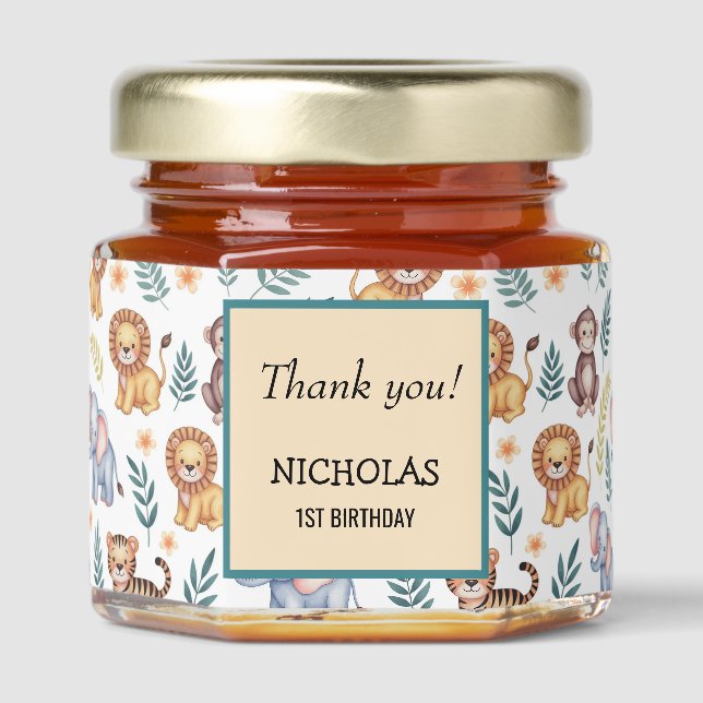 Jungle Safari Animals Birthday Honey Jar Favors (Front)