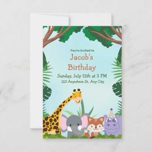  Jungle safari Animals Birthday Invitation