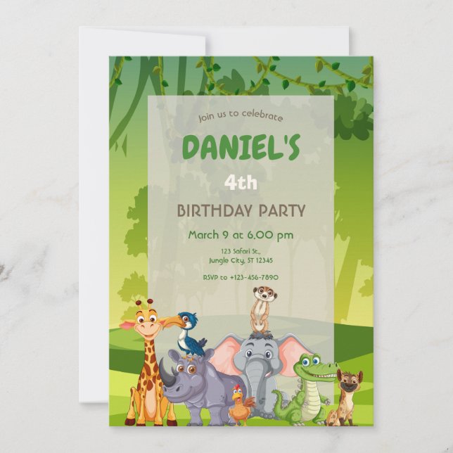 Jungle Safari Animals Birthday Party Invitation (Front)