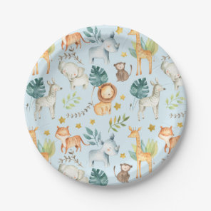 Jungle safari animals blue toddler birthday party paper plates
