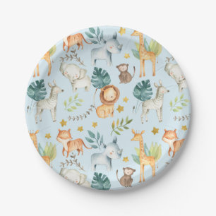 Jungle safari animals blue toddler birthday party paper plates