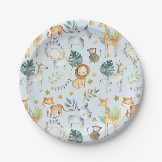 Jungle safari animals blue toddler birthday party paper plates (Front)