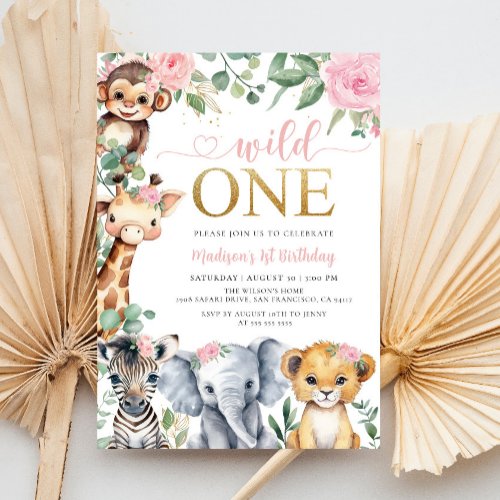 Jungle Safari Animals Blush Floral 1st Birthday Invitation