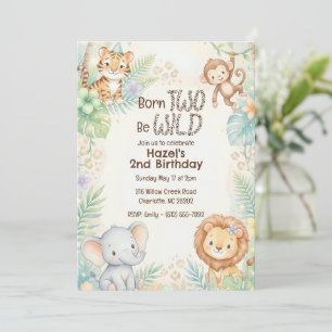 Jungle Safari Animals Born Two Be Wild  Birthday  Invitation