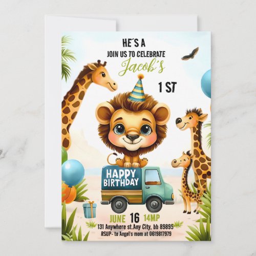 Jungle Safari Animals Boy 1st Birthday  Invitation