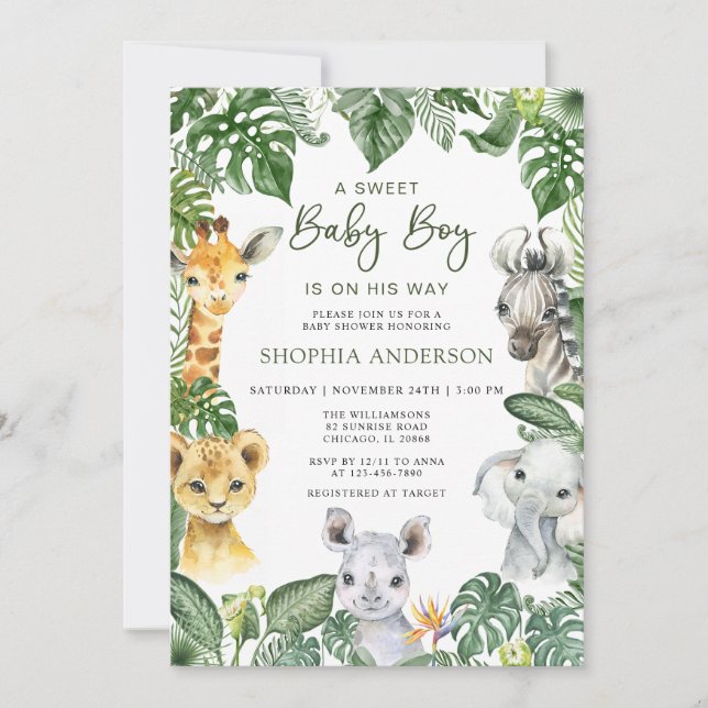 Jungle Safari Animals Boy Baby Shower Invitation (Front)