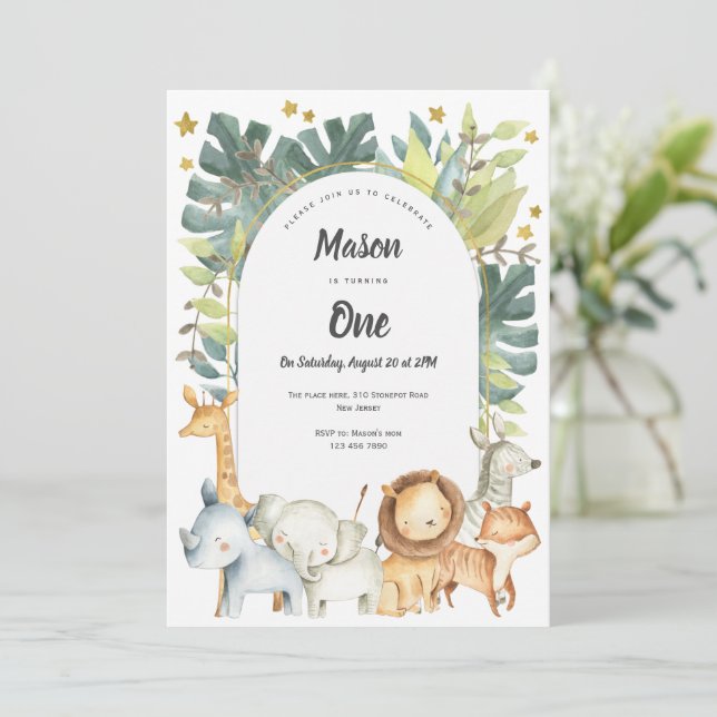Jungle Safari Animals Boy First birthday Invitation (Standing Front)