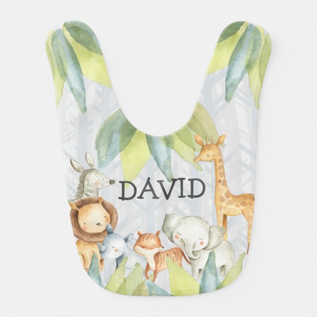 Jungle Safari Animals Cute Boy Personalized Baby Bib (Front)