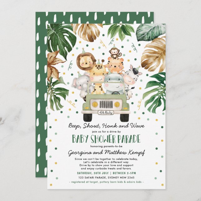 Jungle Safari Animals Drive Through Baby Shower Invitation (Front/Back)