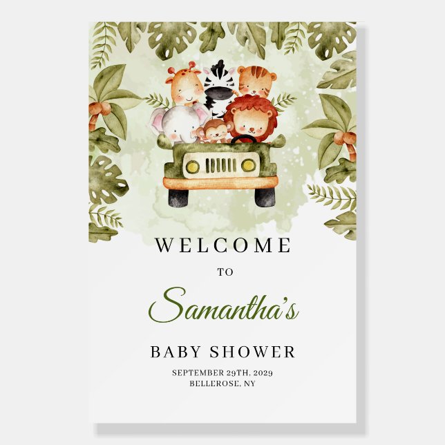 Jungle safari animals driving baby shower welcome  foam board (Front)