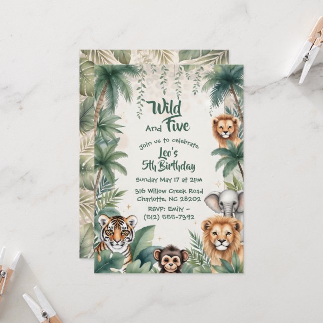 Jungle Safari Animals Five Wild Boy 5th Birthday  Invitation (Front/Back In Situ)