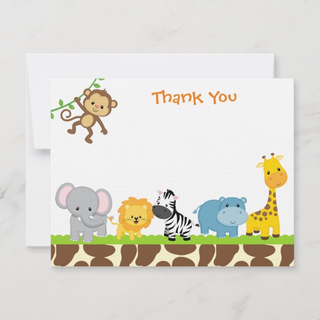 Jungle Safari Animals Flat Thank You Note Cards (Front)