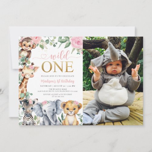 Jungle Safari Animals Floral 1st Birthday Photo Invitation