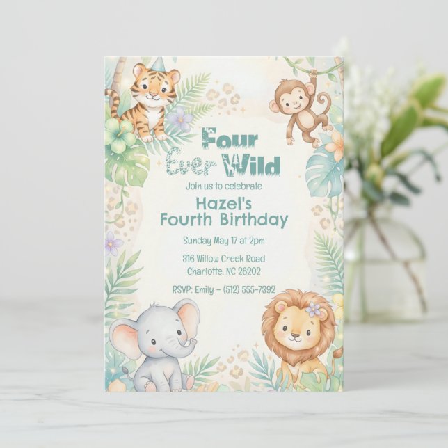 Jungle Safari Animals Four Ever Wild 4th Birthday  Invitation (Standing Front)