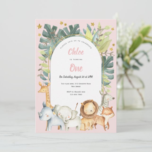 Jungle Safari Animals Girl first birthday Invitation (Standing Front)