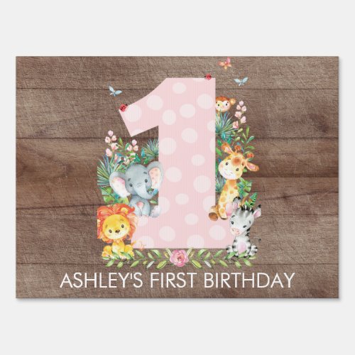 Jungle Safari Animals GIRLS 1ST BIRTHDAY Yard Sign