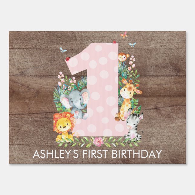 Jungle Safari Animals GIRLS 1ST BIRTHDAY Yard Sign (Front)
