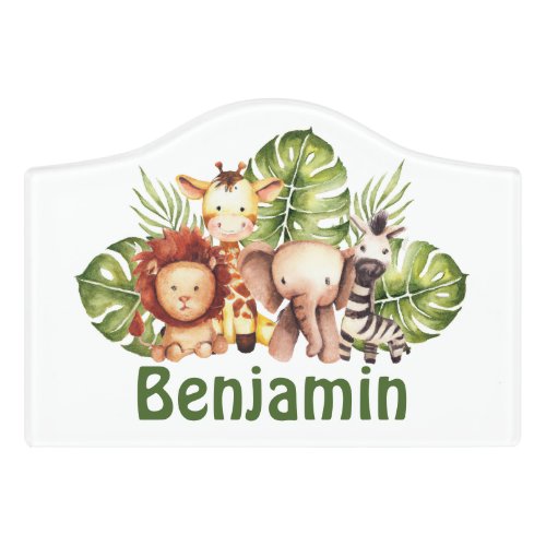 Jungle Safari Animals Green Leaves Boy Custom Name Door Sign