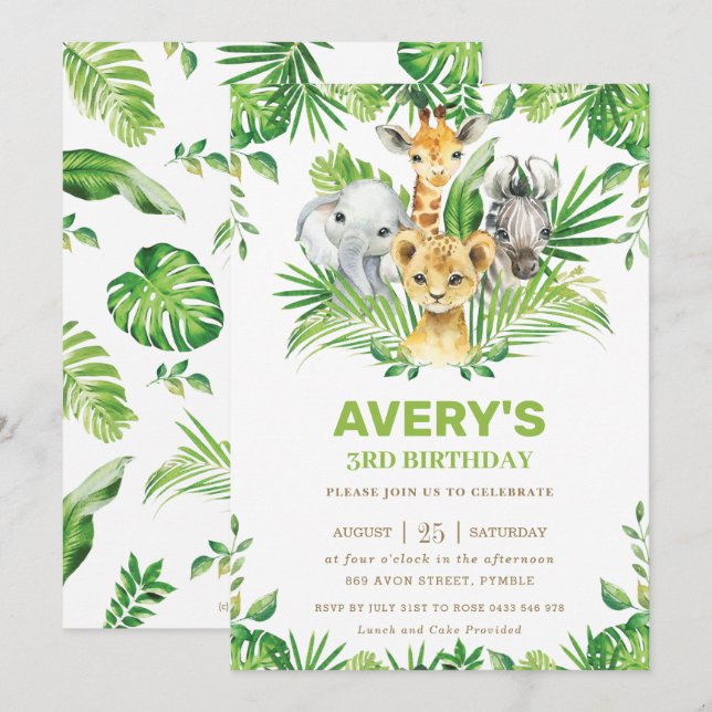 Jungle Safari Animals Greenery Birthday Party Invitation (Front/Back)