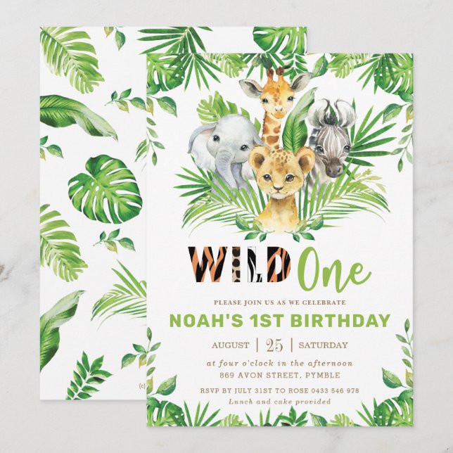 Jungle Safari Animals Greenery Boy 1st Birthday Invitation (Front/Back)