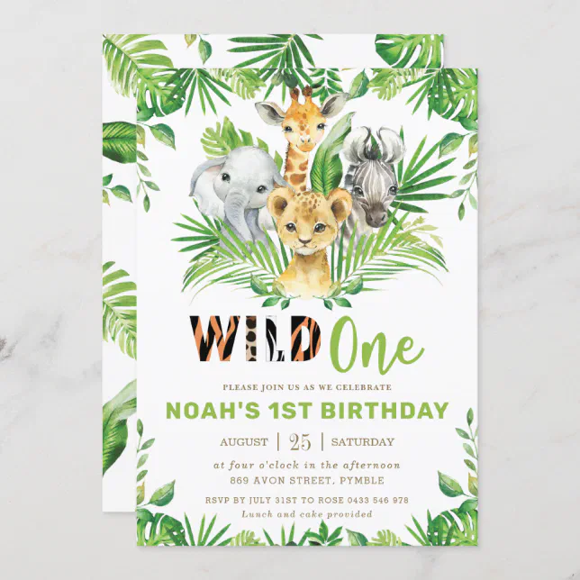 Jungle Safari Animals Greenery Boy 1st Birthday Invitation | Zazzle